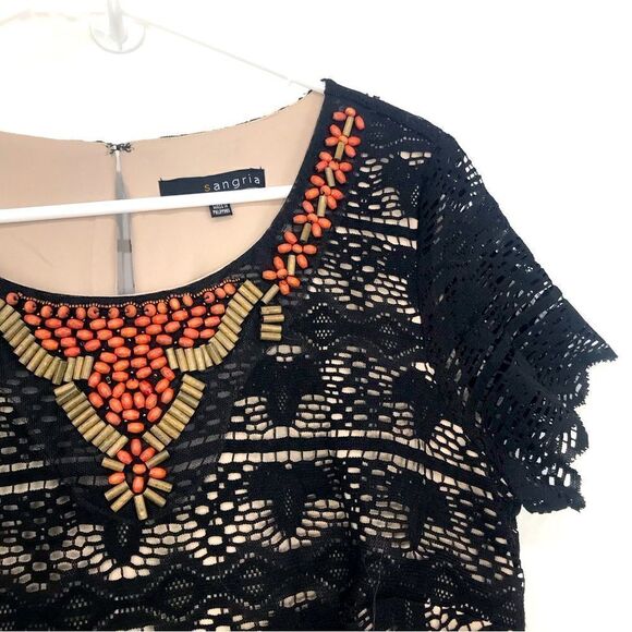 Sangria Black Lace Overlay Beaded Short Sleeve Sheath Dress - Picture 5 of 16
